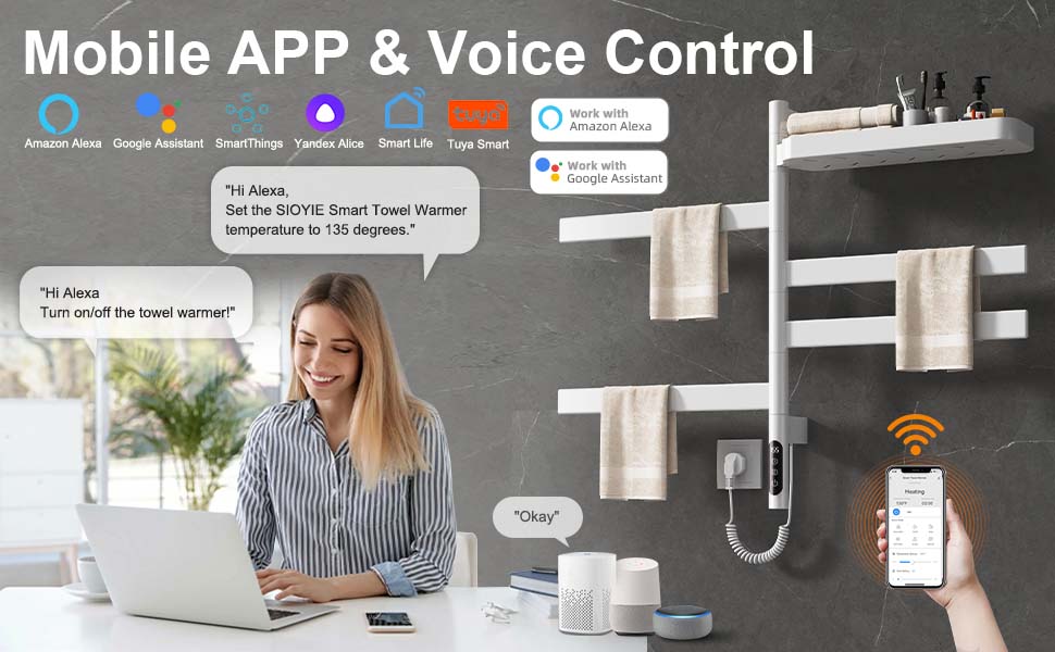 SIOYIE Smart Rotating Heated Towel Rack For Bathroom, Wall-Mounted Electric Towel Dryer With Swivel Bars & Shelf, Smart Timer, Low Carbon Steel, Plug-in/Hardwired, Towel Warmer With Wi-Fi App Control_voghion.com